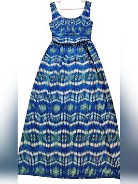 AB Studio Blue and White Patterned Sleeveless Maxi Dress